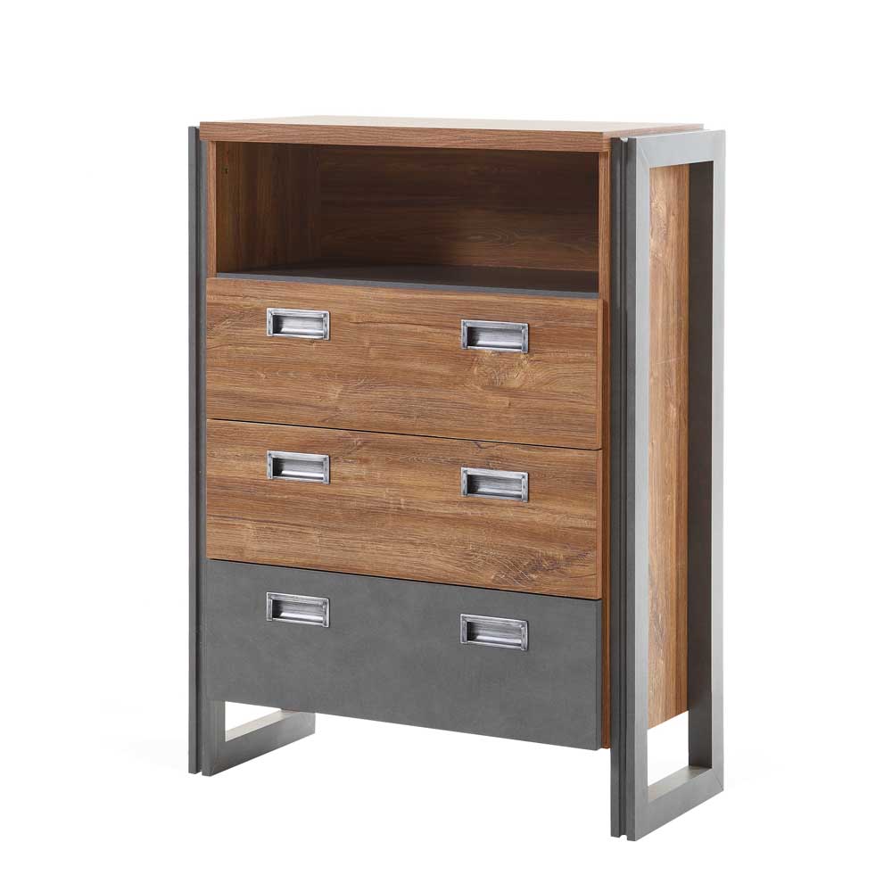 Design Kommode Eiche dunkel Dekor und Schwarz für Stauraum im Wohnzimmer – Rompira