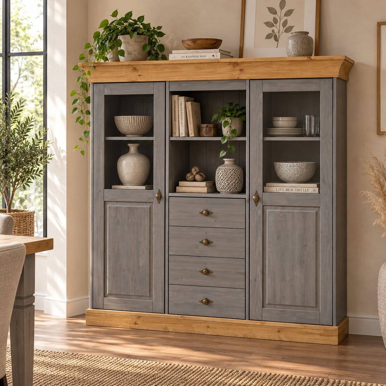Esszimmer Highboard Vitrine Cempino in Grau