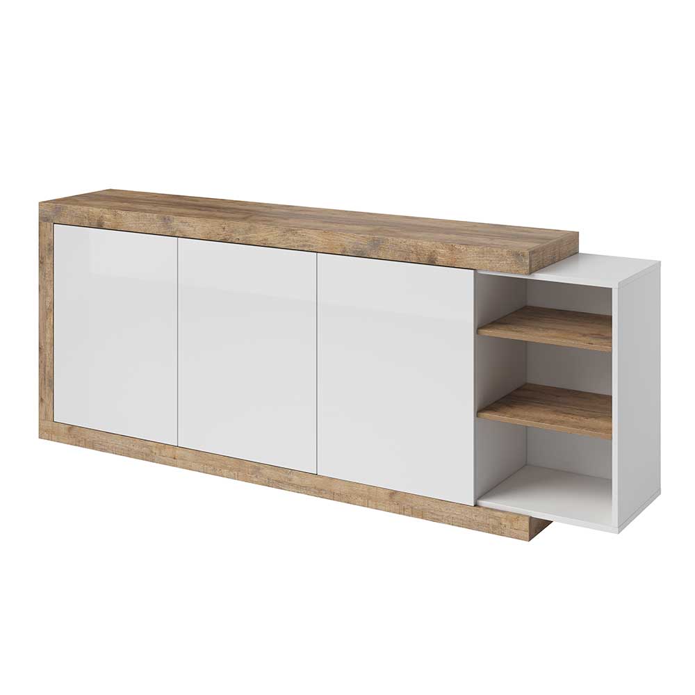 Elegantes Wohnzimmer Sideboard mit Hochglanz Fronten und offener Ablage in Holzdekor – Milvara