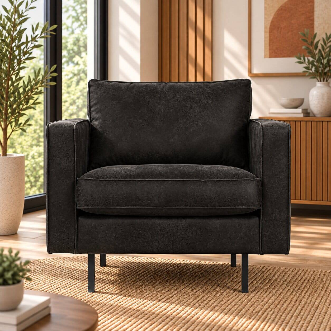 Dunkelgrauer Retro Sessel aus Recyclingleder für stilvolle Wohnzimmer – Avonita