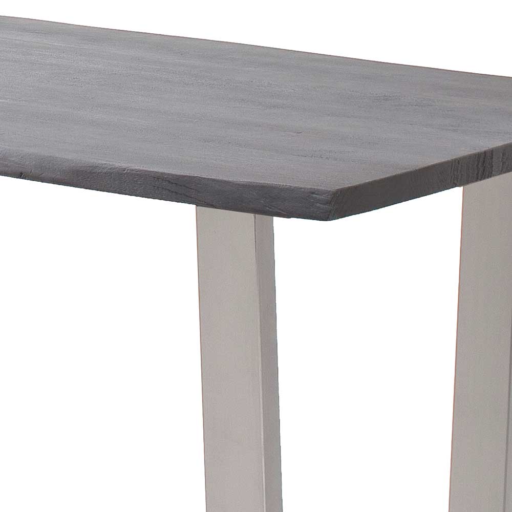 Graue Massivholz Tischplatte mit natürlicher Baumkante und Edelstahl Bein – Gagg