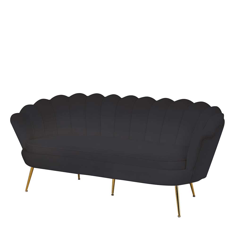 Schwarzes Samtsofa im Muschel-Design für das Wohnzimmer mit goldenen Metallbeinen – Aluna