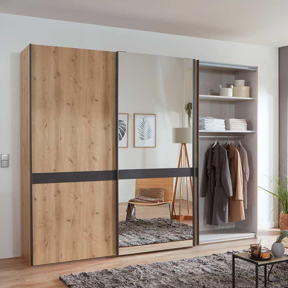 Geräumiger Schwebetürenschrank mit Spiegeltür, offener Inneneinteilung und Kleiderstange – Ulapos