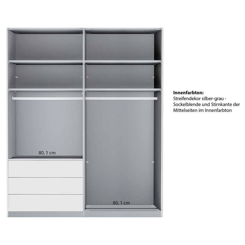 Kleiderschrank Innenansicht mit Fächern, Kleiderstangen und silber-grauem Streifendekor – Dustins