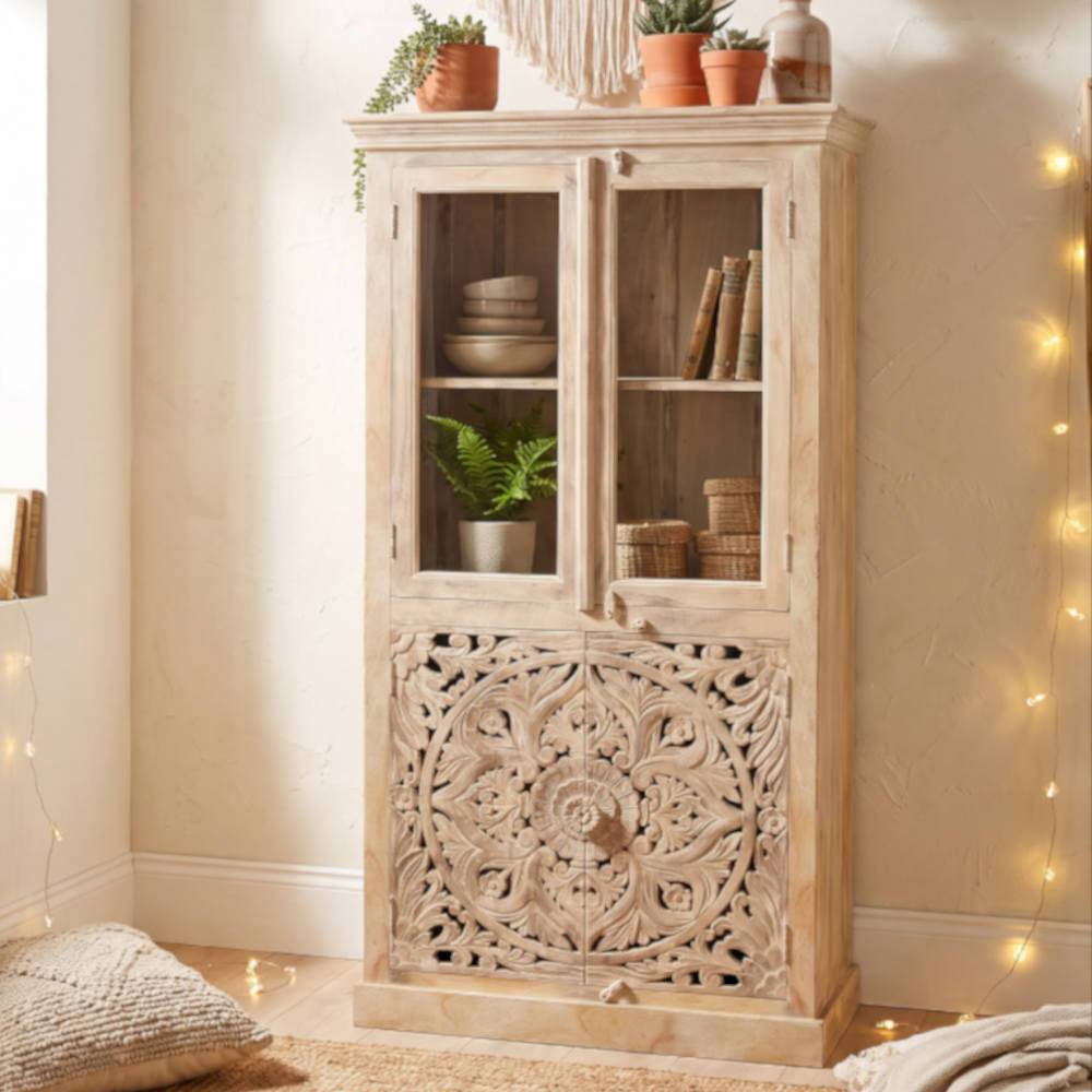 90x180x45 Vintage Holzvitrine mit Schnitzerei - Runiasa