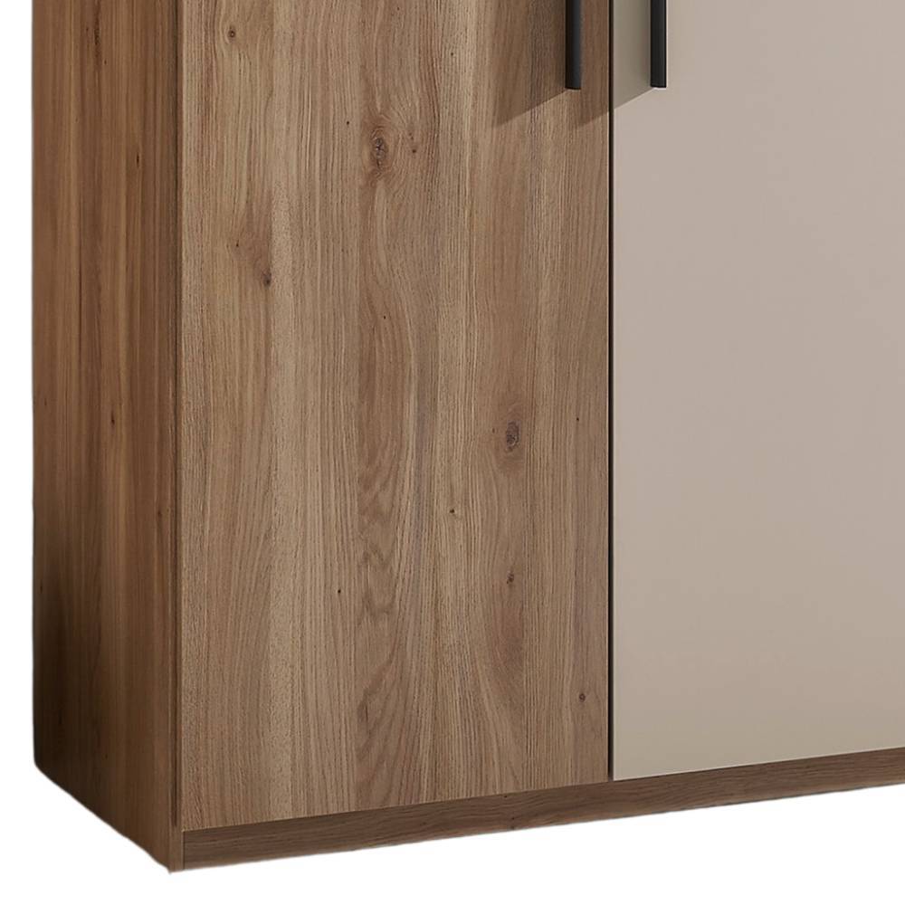 Detail des Schrankkorpus in Wildeiche Holzoptik mit sandfarbener Türfront – Castagno