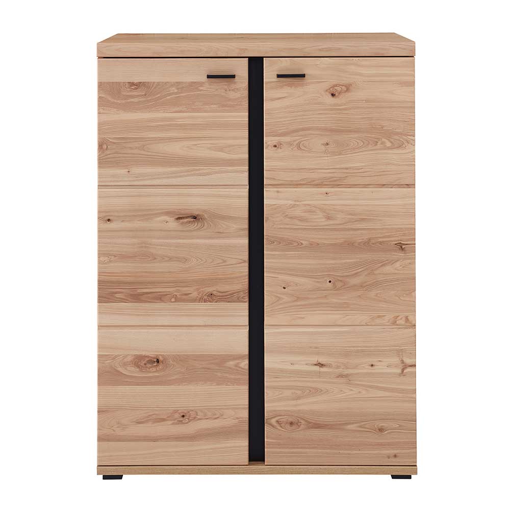 Ordnerschrank mit zwei Holztüren, schwarzen Griffen und teilmassiver Front – Emly