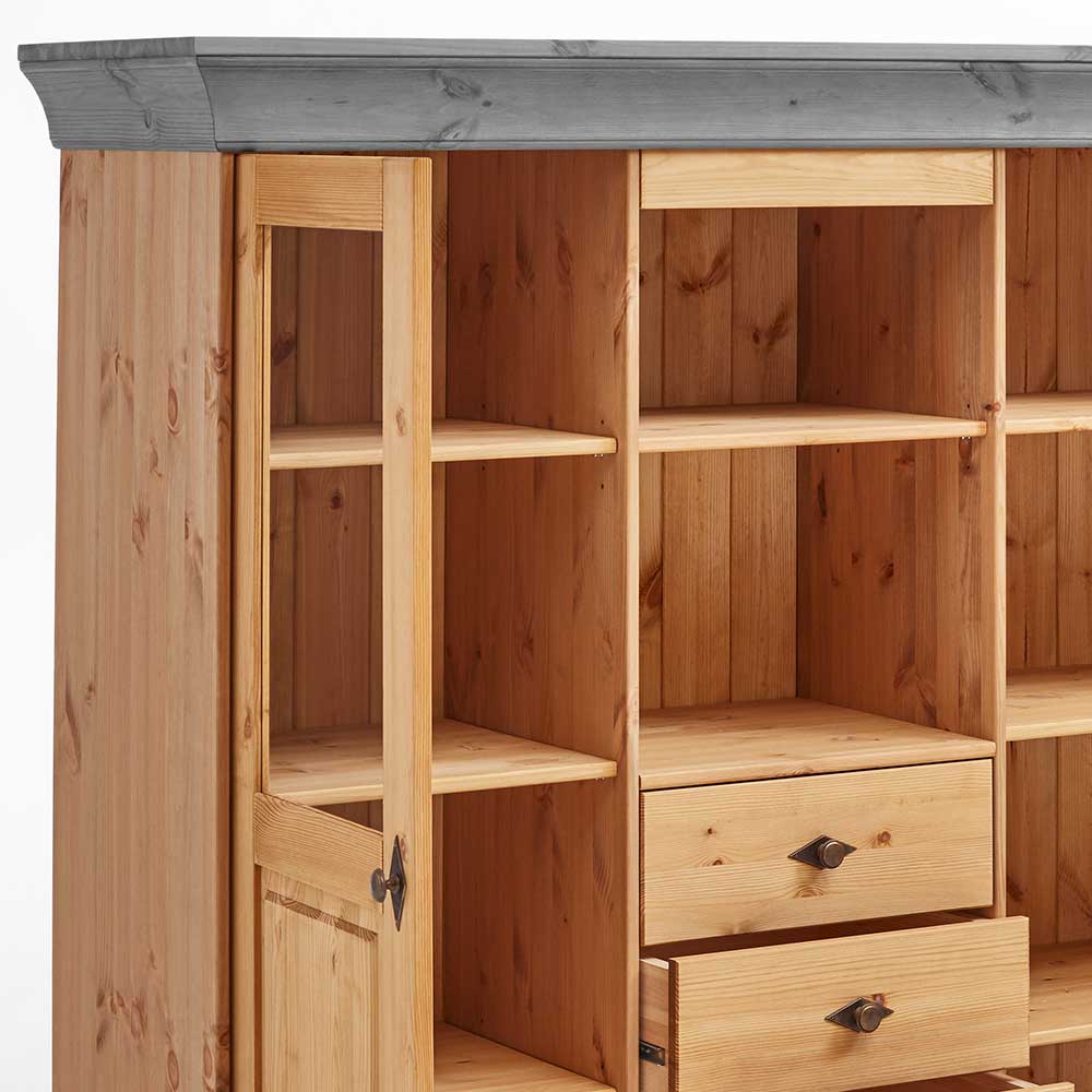 Landhaus Highboard mit Glas aus Kiefer - Eshelas