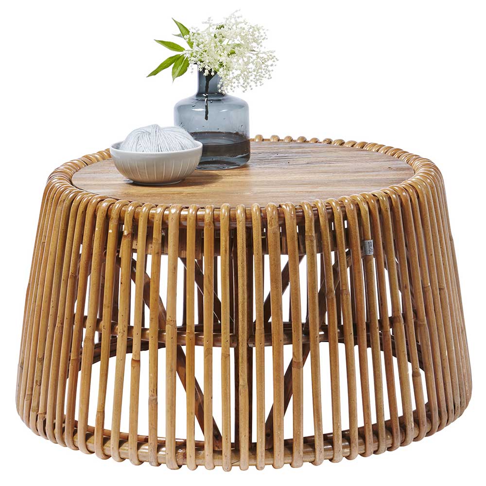 69x38x69 Design Couchtisch aus Recyclingholz & Rattan - Valtte