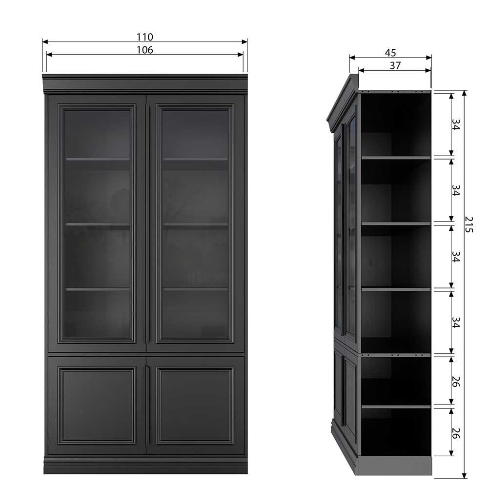 Schwarzer Vitrinenschrank mit Glasfronten und Maßen – Graddos