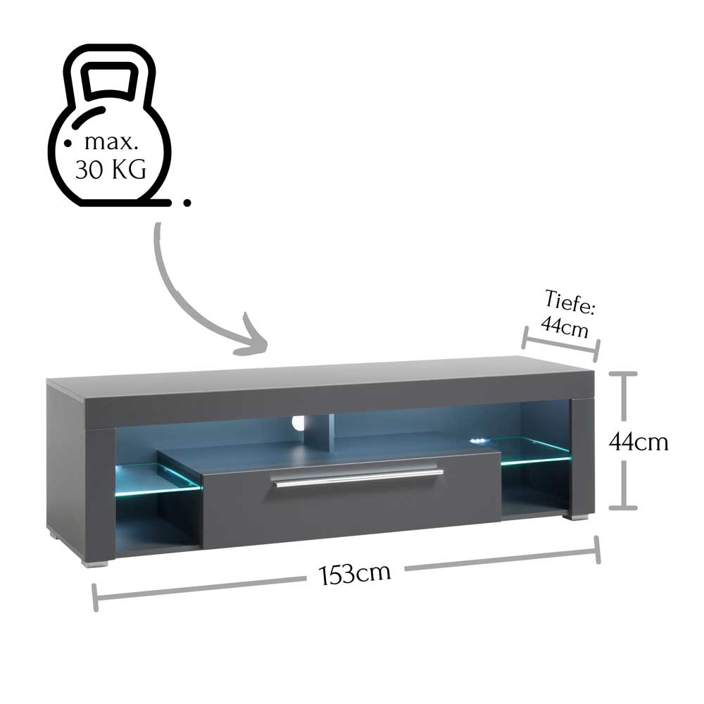 153x44x44 cm Graues TV Board mit Klappe & Glasböden - Due