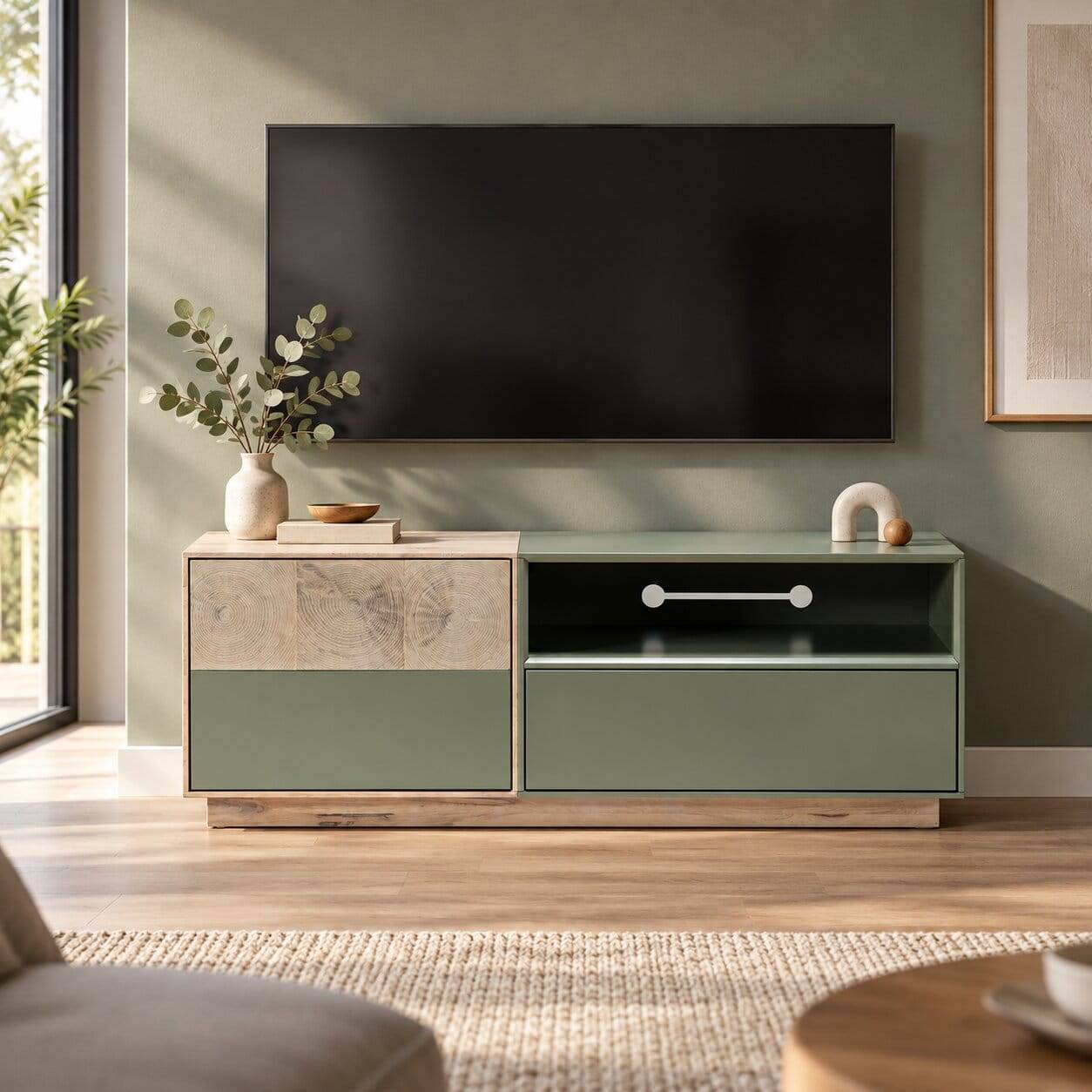 Modernes zweifarbiges TV Board in Grün und Holzoptik mit Gerätefach für Wohnzimmer – Ajevos