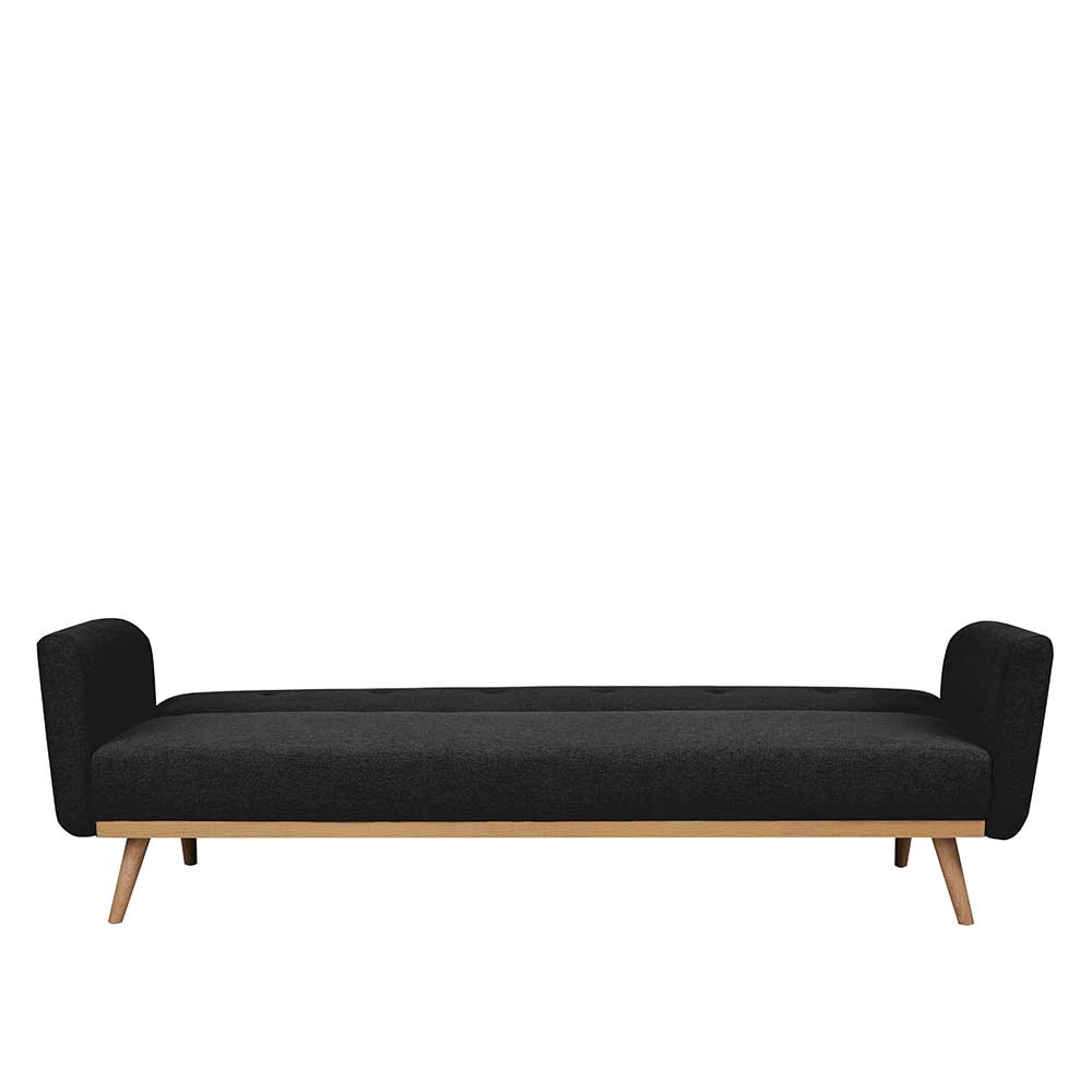 Schwarzes Schlafsofa mit Bettfunktion ausgeklappt und hellen Holzbeinen – Adamu