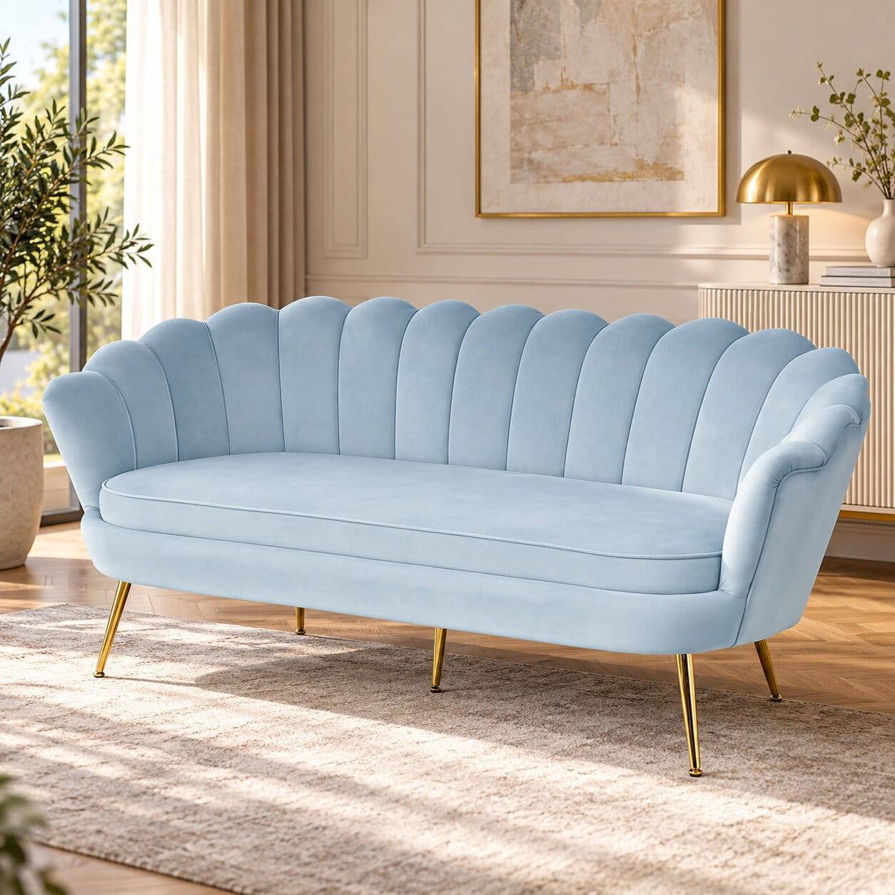 3er Samtsofa im Muscheldesign in Hellgrau - Montreal