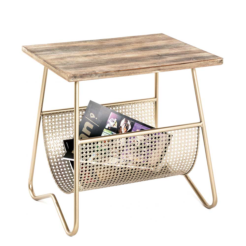 Beistelltisch mit Zeitungsablage aus Stahl in Gold - Furciano