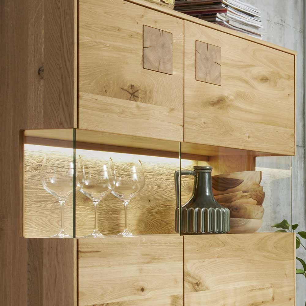 Highboard mit Glaseinsatz aus Wildeiche massiv - Millena