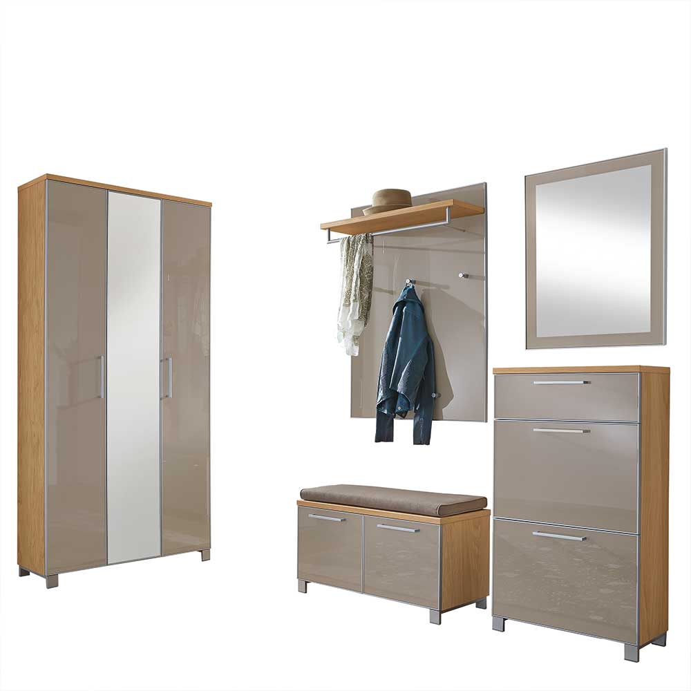 Fünfteiliges Garderobenmöbel Set in Taupe Glas beschichtet und Holzoptik für den Flur – Diecca