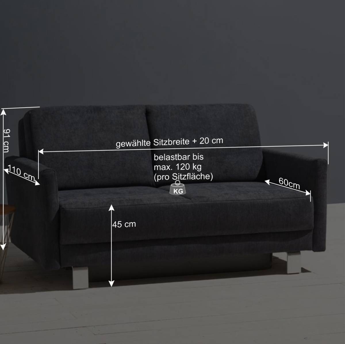 Schlafcouch mit Bettkasten in Blaugrau - Casmas
