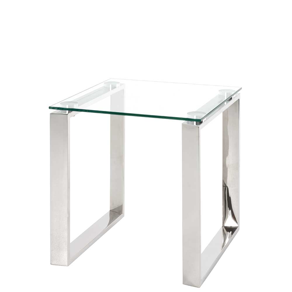 Eleganter Glas Beistelltisch mit quadratischer Platte und U-förmigem Edelstahlrahmen – Viesta