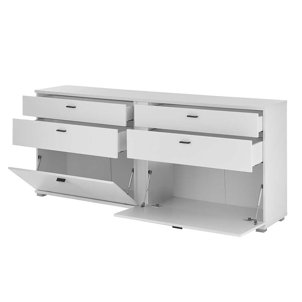 Modernes weißes Sideboard mit geöffneten Schubladen und Klappen für viel Stauraum – Tirol