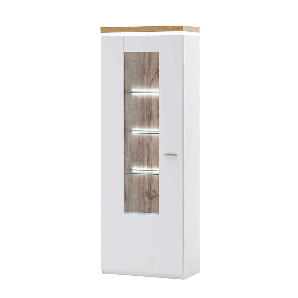 Weiße Wohnzimmervitrine mit Wildeiche-Absetzung, Glasfront und LED-Beleuchtung – Caldri