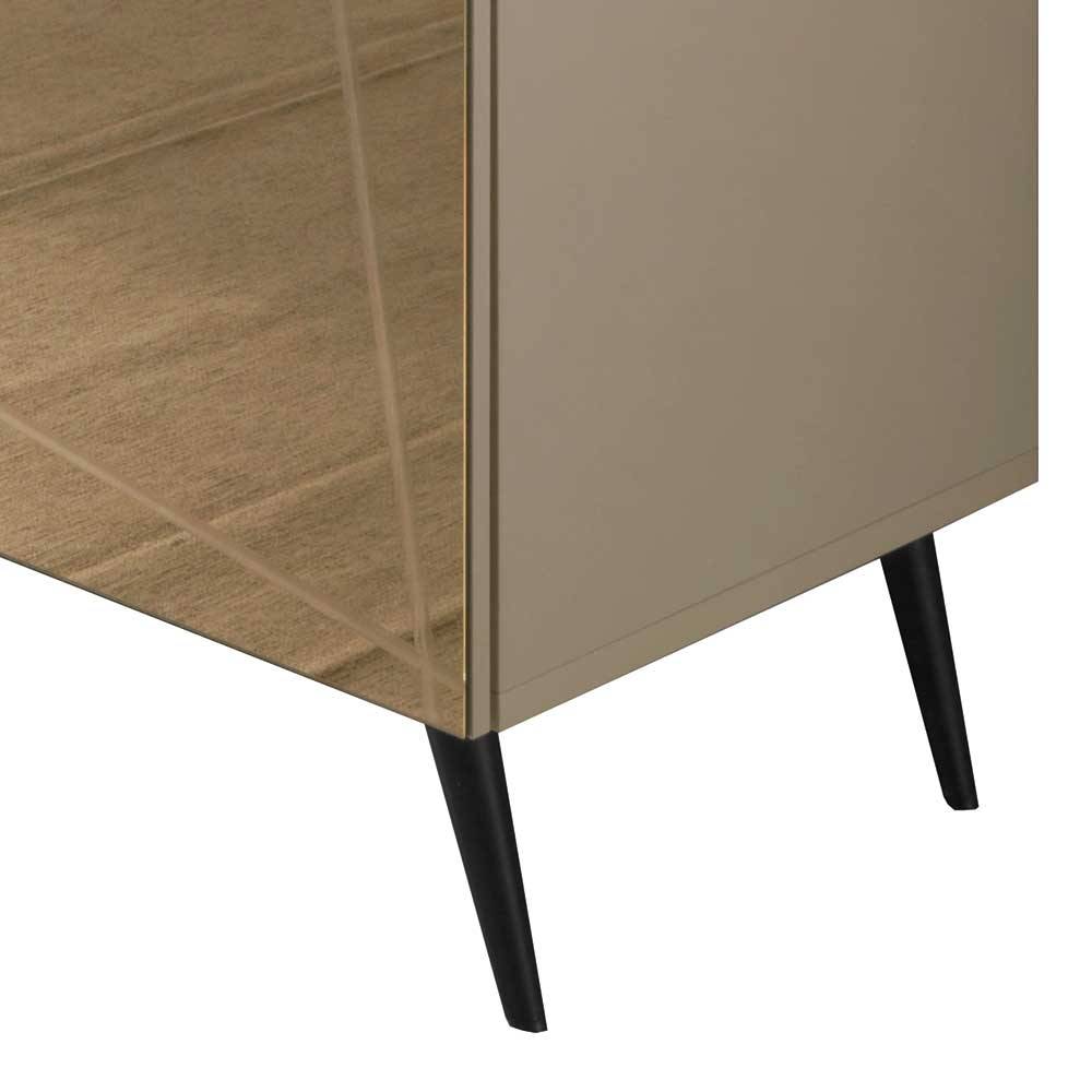 Taupefarbenes Sideboard mit schwarzen konischen Beinen und schlichter Seitenansicht – Lotivera