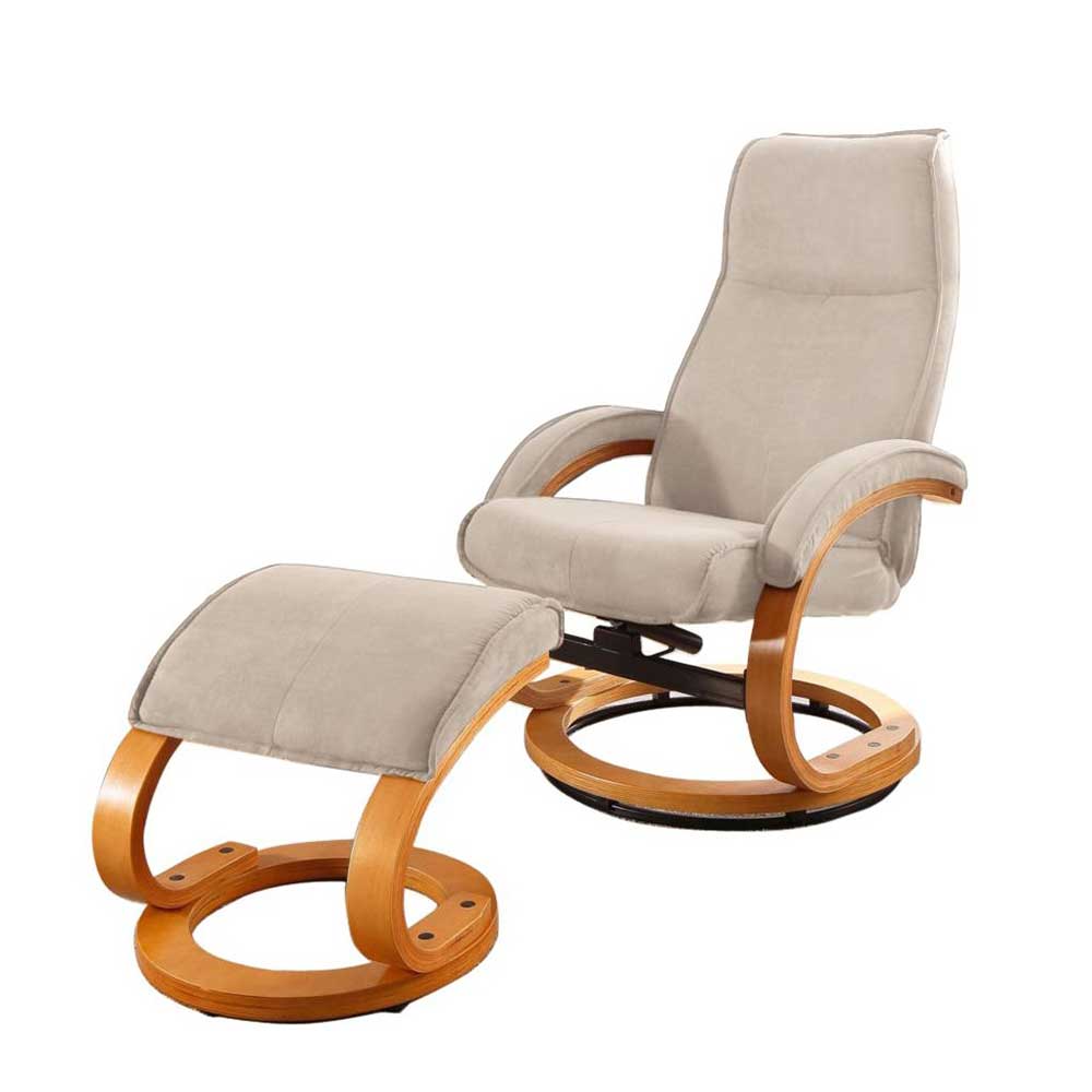 Zweiteiliges Sessel und Hocker Set mit beigefarbenem Microfaserbezug und hellem Schichtholzgestell – Sempragos