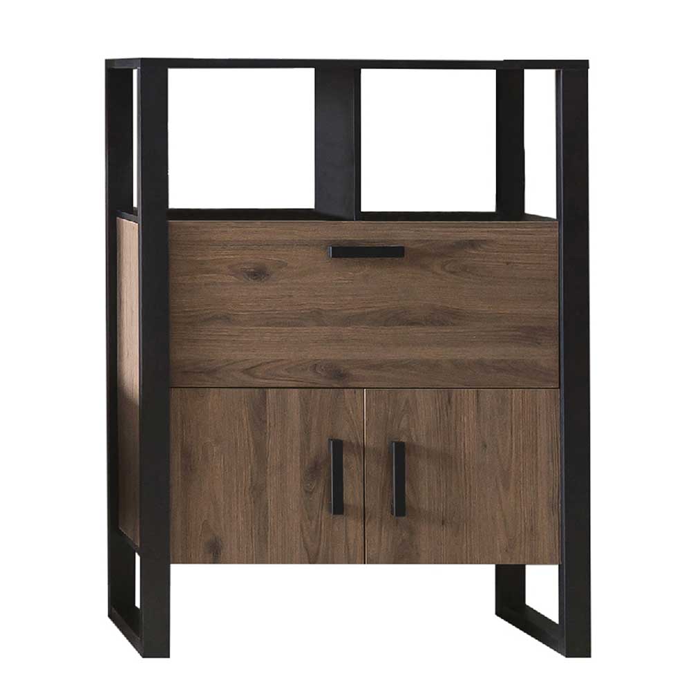 Offener Schrank in Nussbaumoptik mit schwarzem Metallgestell und Schublade – Dudleys