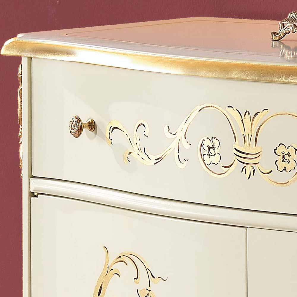 Barockstil Kommode Cremeweiß mit goldener Zierleiste und barocker Verzierung auf der Schublade – Iviada