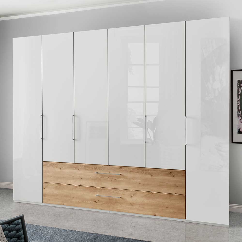 Großer Schlafzimmerschrank weiß hochglanz mit vier Türen und zwei Schubladen in Holzoptik – Malvido