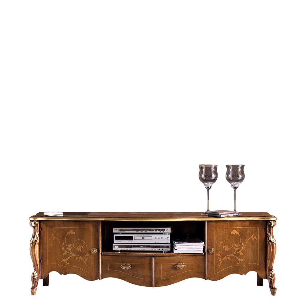 Gesamtes TV Board im italienischen Stil mit eleganten Goldakzenten und geschwungener Form – Carlenna