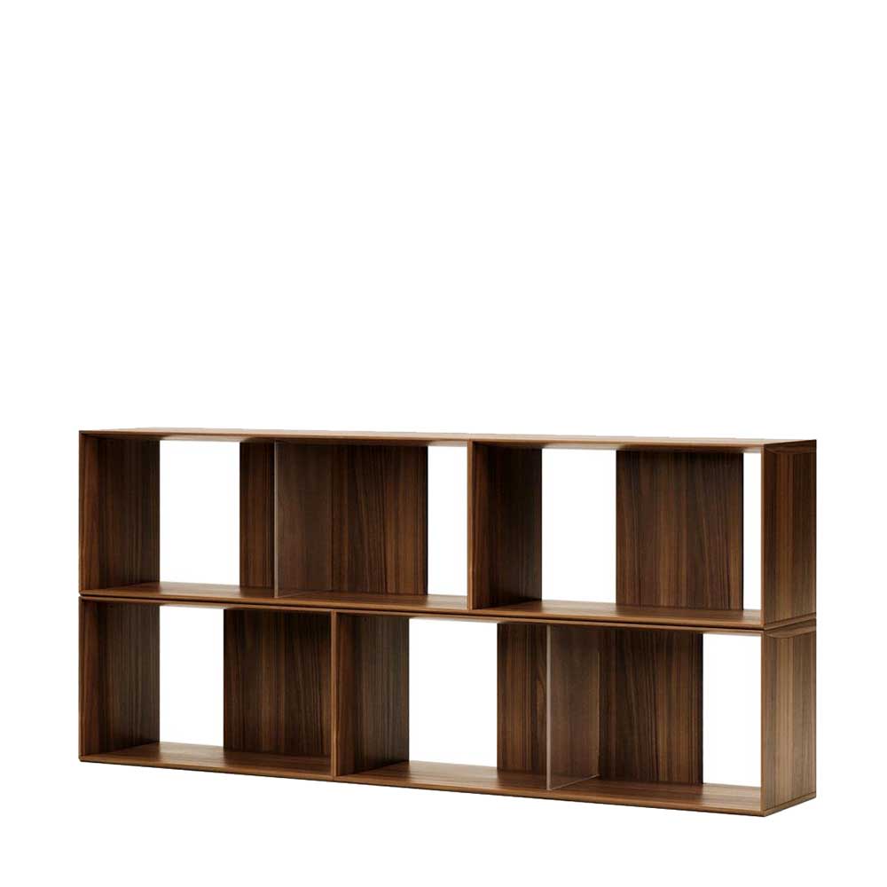 Vierteiliges Standregal Module Set in Nussbaum, kombiniert als offenes Bücherregal – Jaitur