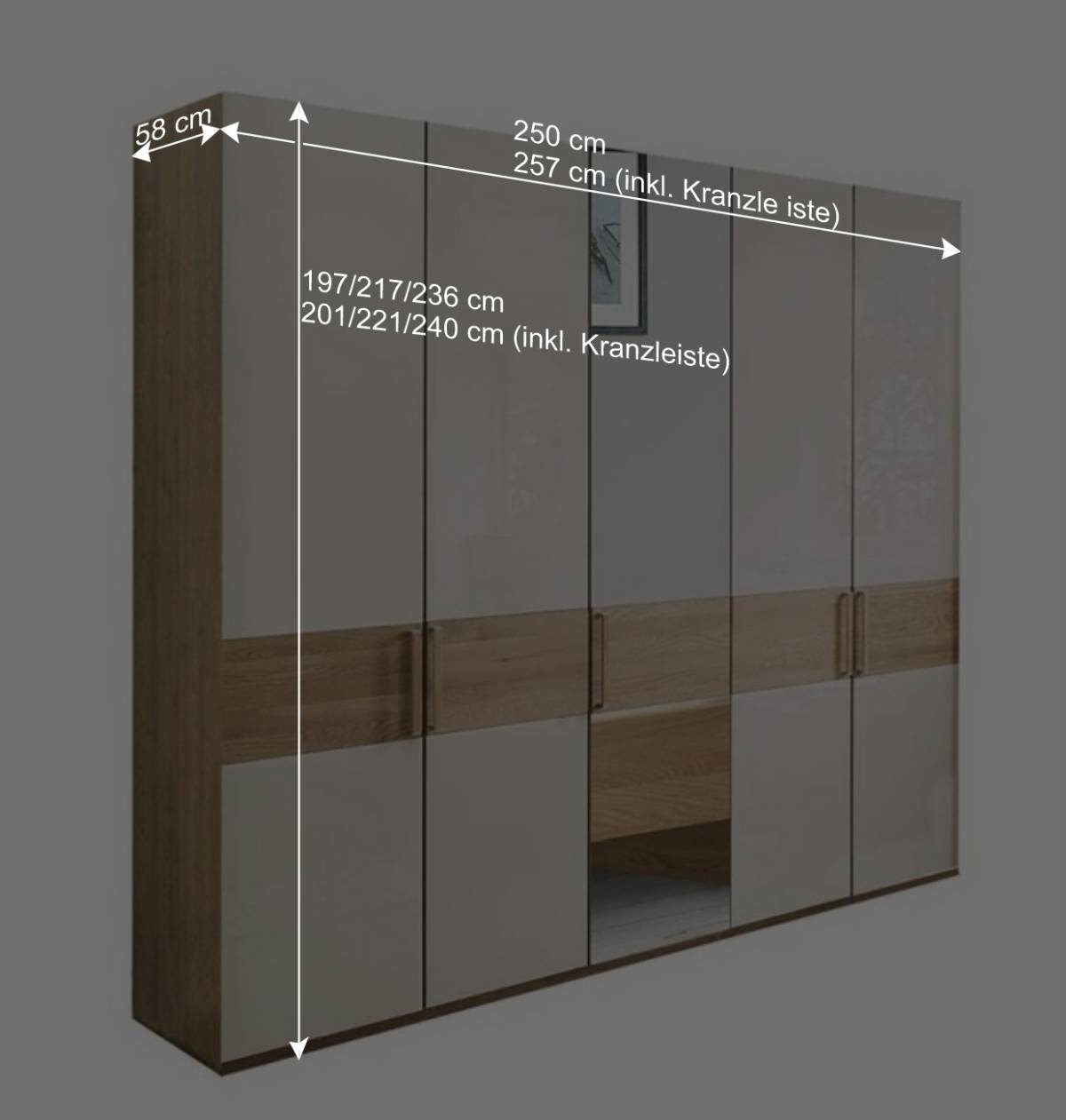 250 cm breiter Schlafzimmerschrank mit 5 Türen - Emdsiva III