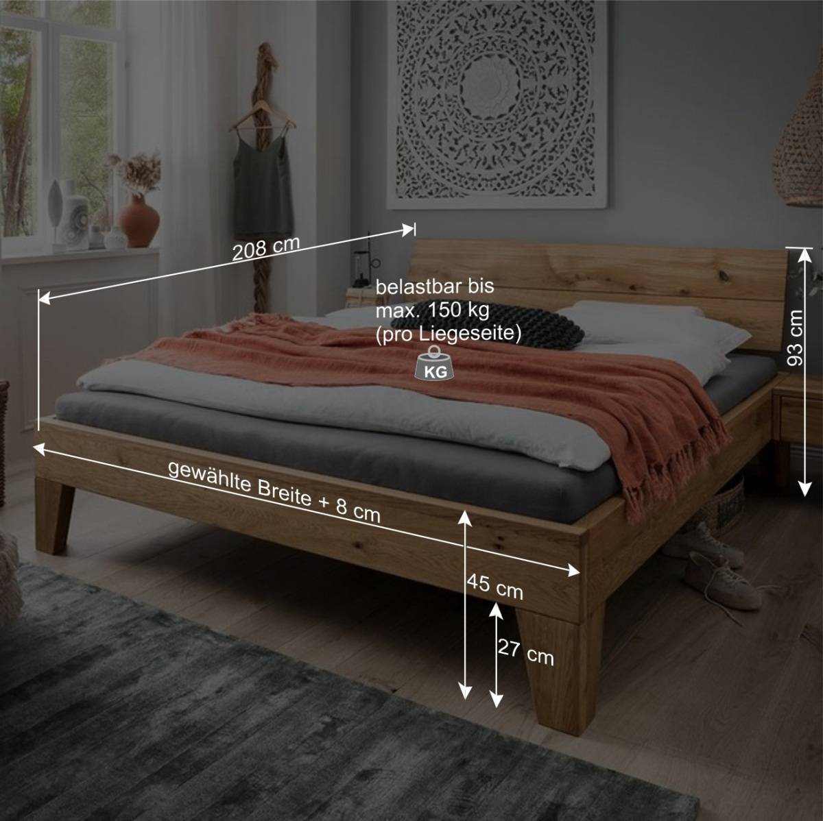 Rustikales Bett Set mit Nachttischen - Yunves (dreiteilig)