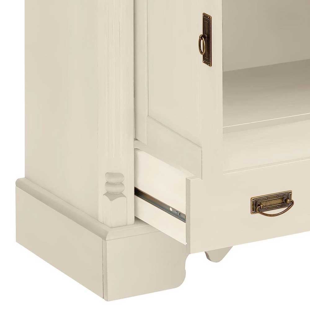 Geöffnete untere Tür und teilweise ausgezogene Schublade des cremefarbenen Highboards – Rospus