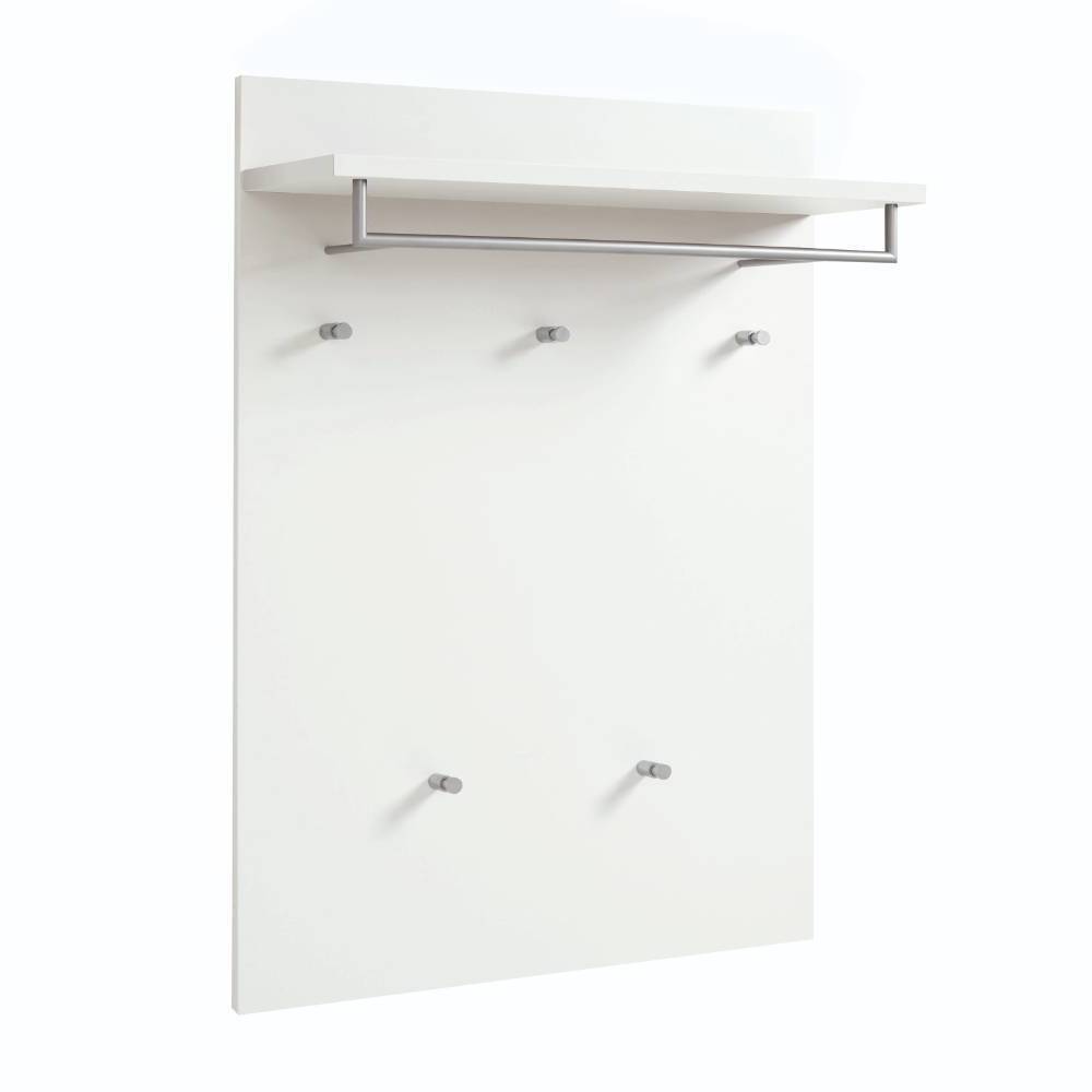 Weiße Wandgarderobe mit Ablage, Kleiderstange und sechs Kleiderhaken – Holdywas