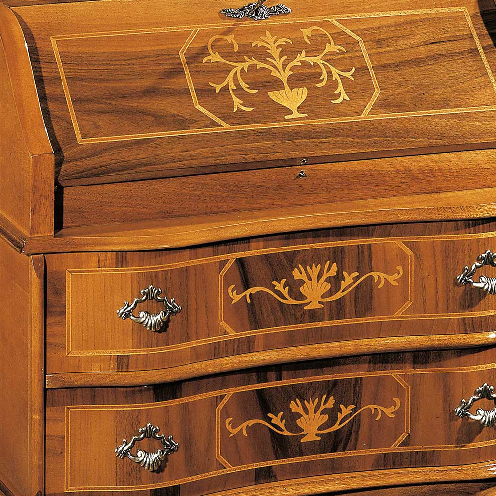 Eleganter Barock-Sekretär aus Nussbaumholz mit Intarsien auf Rollklappe und Schubladen – Agosto