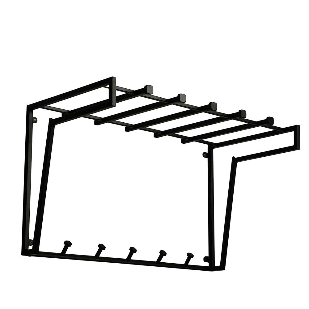 Design-Wandgarderobe aus schwarzem Metall mit praktischer Hutablage und sechs Kleiderhaken für den Flur – Pila