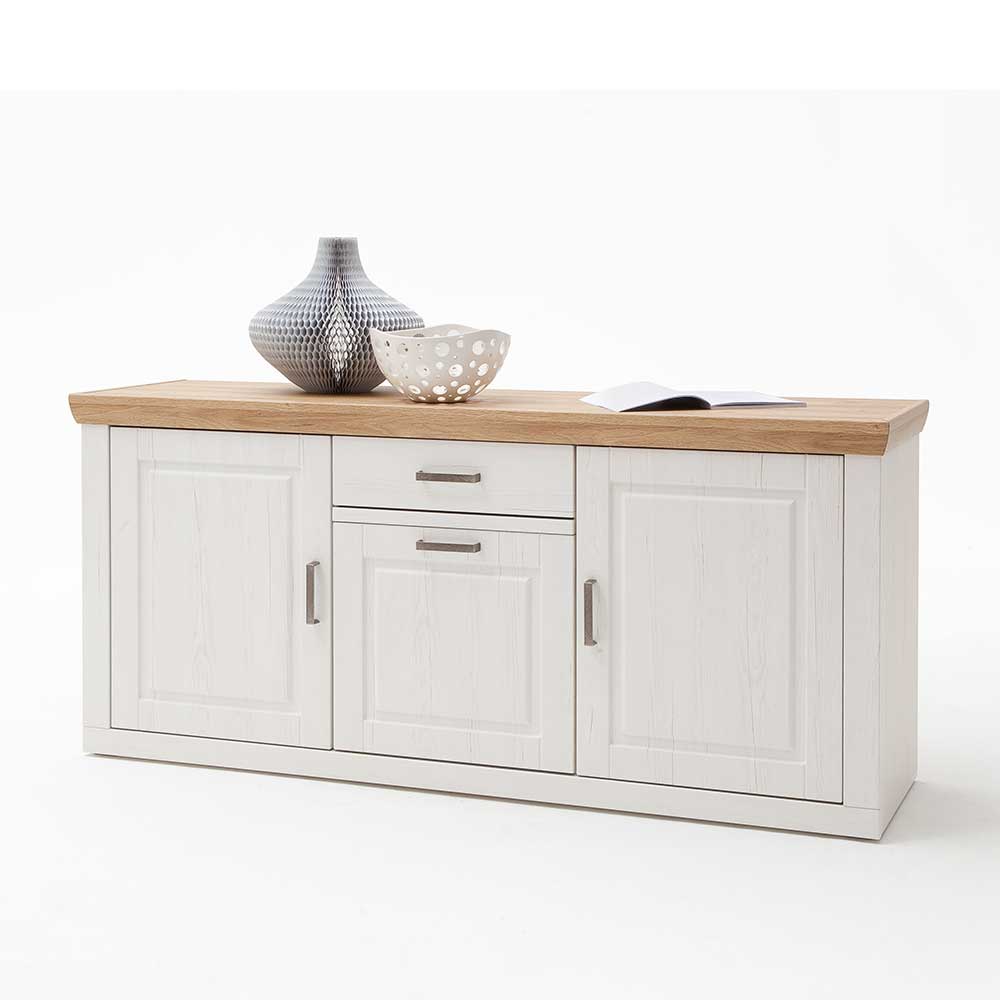 Weißes Sideboard mit heller Holzplatte, zwei Schubladen und drei Türen für Wohnzimmer – Samula