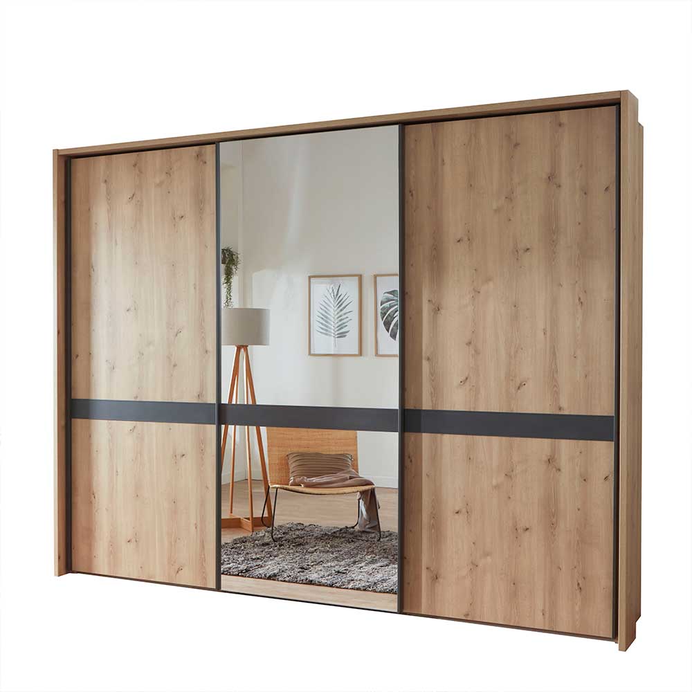 Moderner Schwebetürenschrank in Holzoptik mit Spiegeltür und dunklen Querstreifen – Ulapos