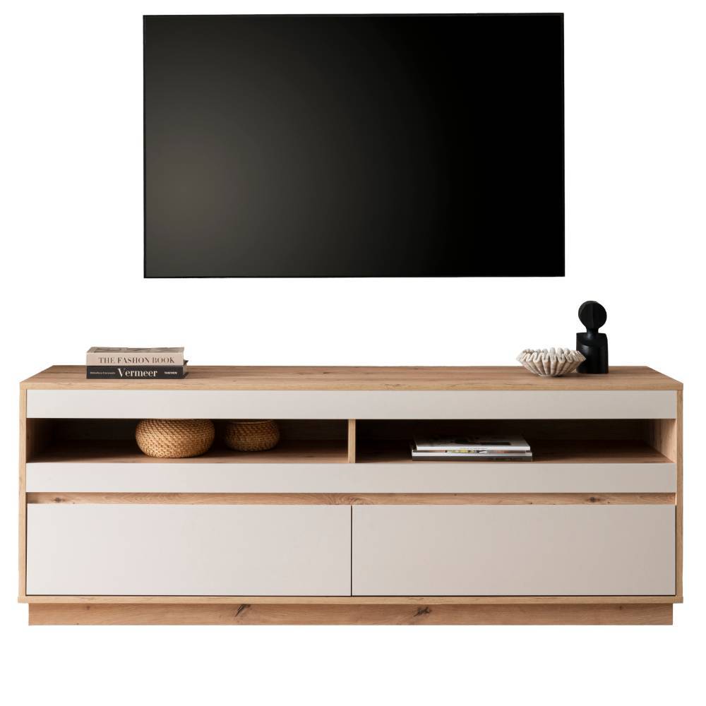 TV Board in Wildeiche Holzoptik mit zwei Schubladen und offenen Fächern für Wohnzimmer – Spain