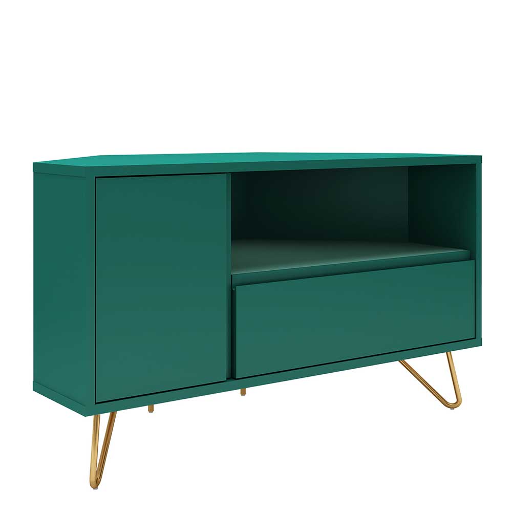 Grüner TV-Eckschrank mit einer Tür, Klappe und Schubfach in modernem Design und goldenen Beinen – Ricriava