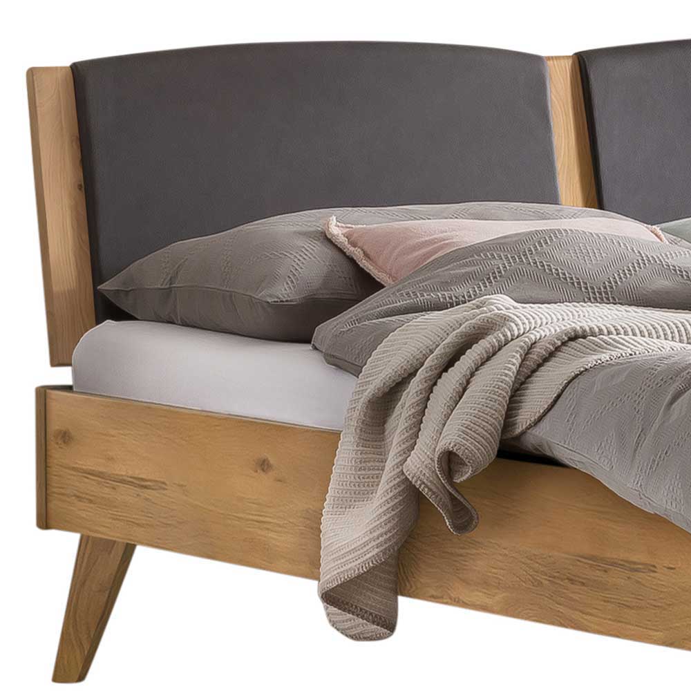 Wildeiche Bett mit Kopfteilpolstern in Grau - Luxuria