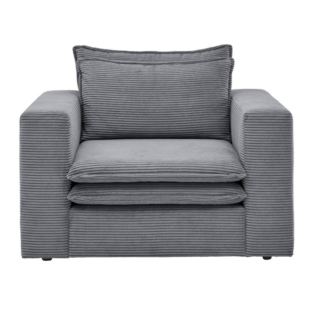 Anthrazitfarbener Cord Sessel mit weichen Polstern und Armlehnen von vorne – Ruffos