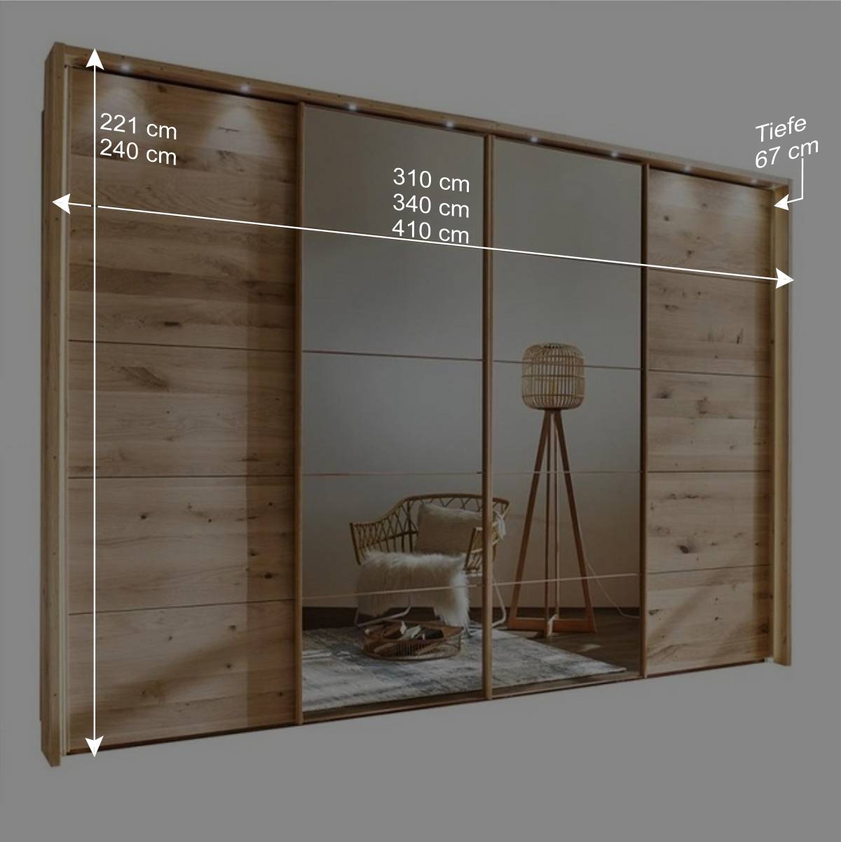 4-türiger Schwebetürenschrank in Eiche Bianco - Brownie