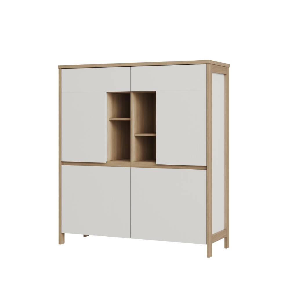 Weißes Highboard mit Holzakzenten und zentralem offenen Fach, geschlossen – Ovidio