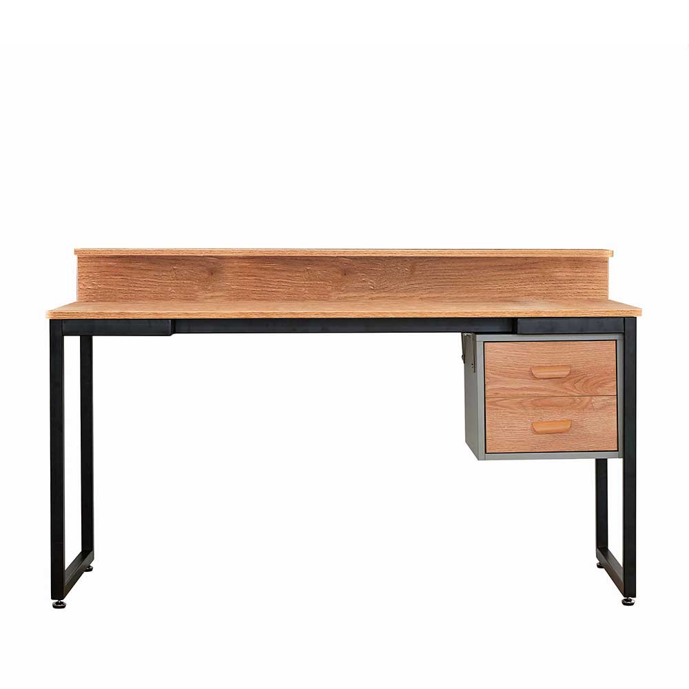 Industrial Schreibtisch 140x60 mit Aufsatz, helle Holzoptik und schwarzem Metallgestell – Pluta