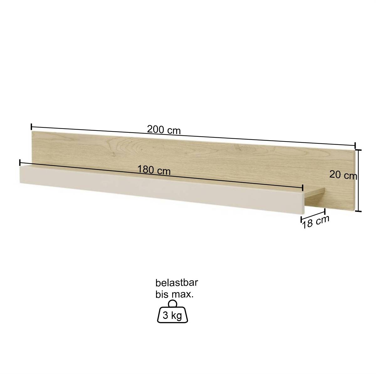 200 cm breites Wandregal in Beigegrau - Raisa