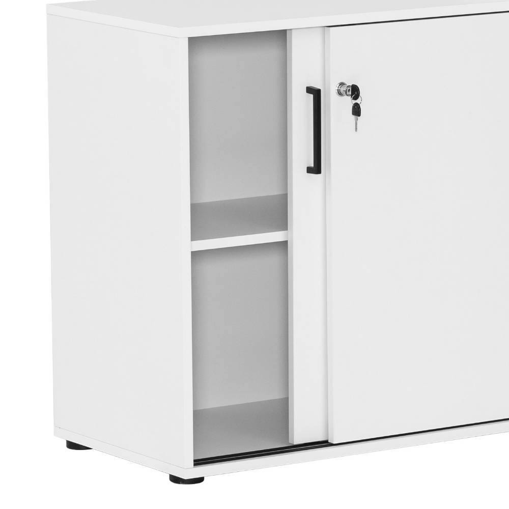 Mattweißer Schrank mit abschließbarer Gleittür und offenen Regalfächern für Büromaterial – Armina