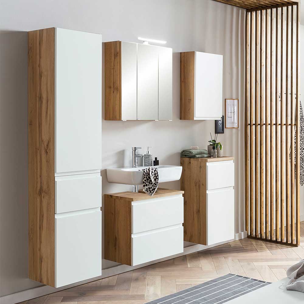 Modernes Badmöbel Set fünfteilig in weißer Hochglanz- und warmer Holzoptik mit Waschtisch – Eight